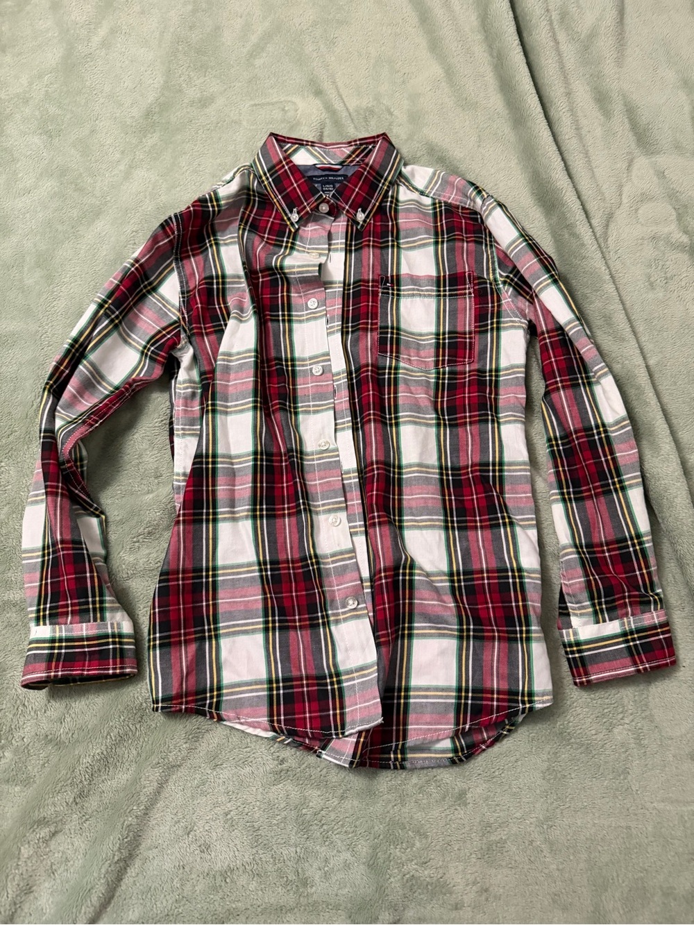 Tommy Hilfiger Boys Plaid Button Down Shirt Size L 14/16 Red Holiday